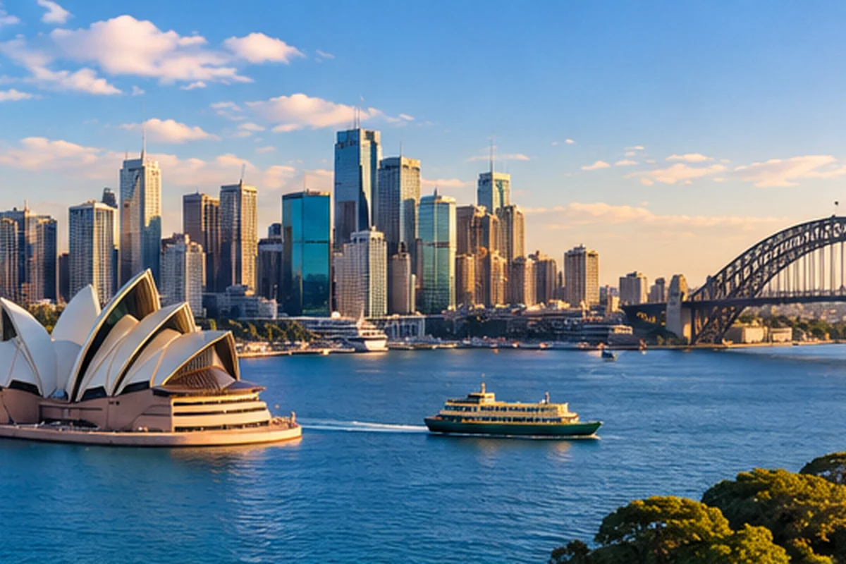 Sydney Harbour with the Opera House, Harbour Bridge and city skyline at sunset