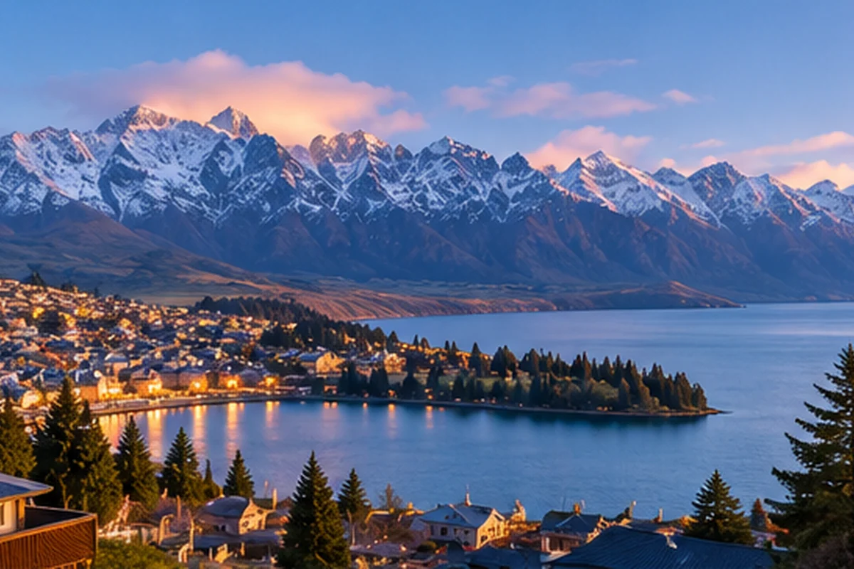 New Zealand lakeside town beneath snow-capped mountains at dusk