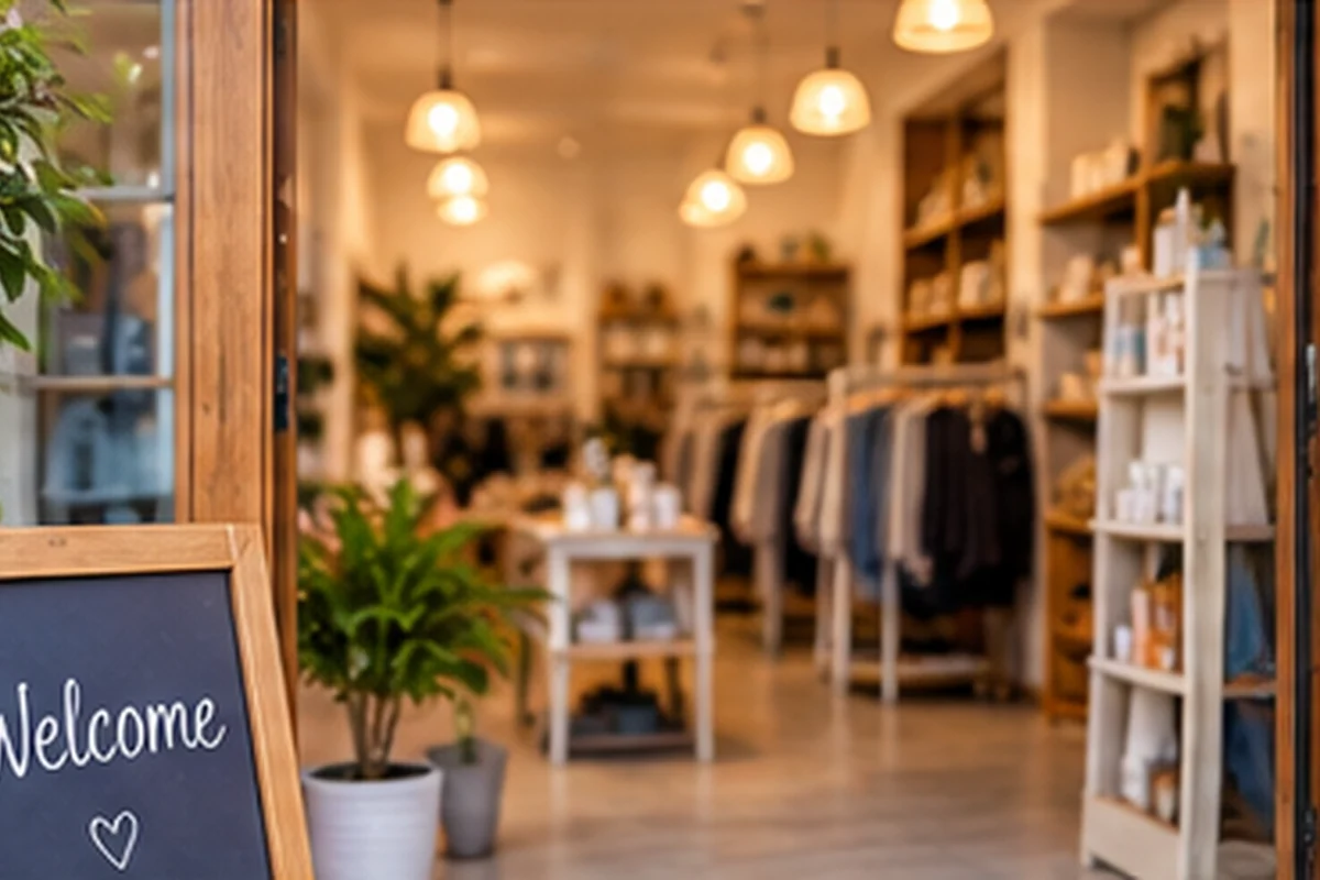 Welcome sign at the entrance of a boutique clothing store