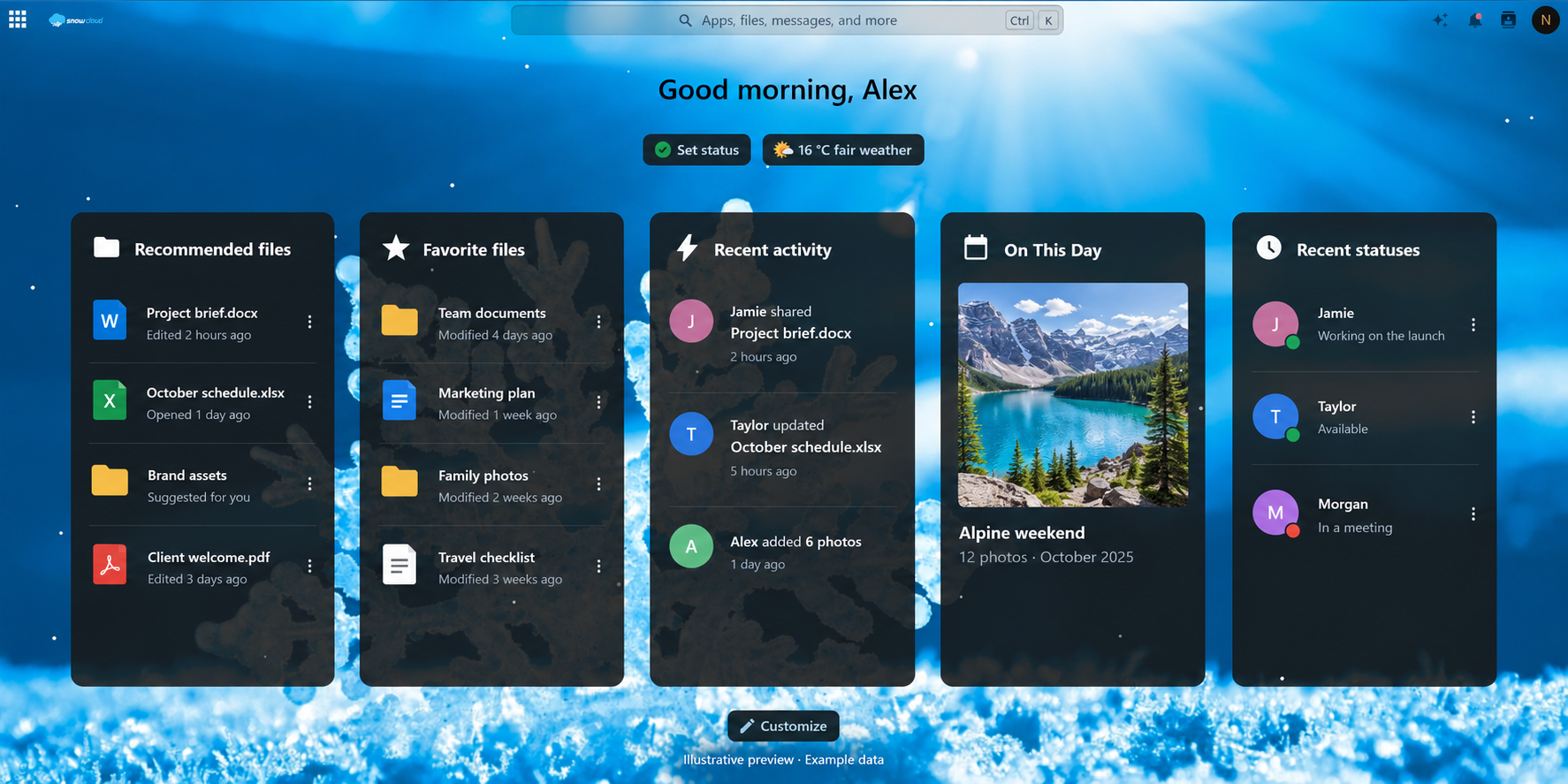 SnowCloud dashboard showing recommended files, favourites, recent activity and photo memories