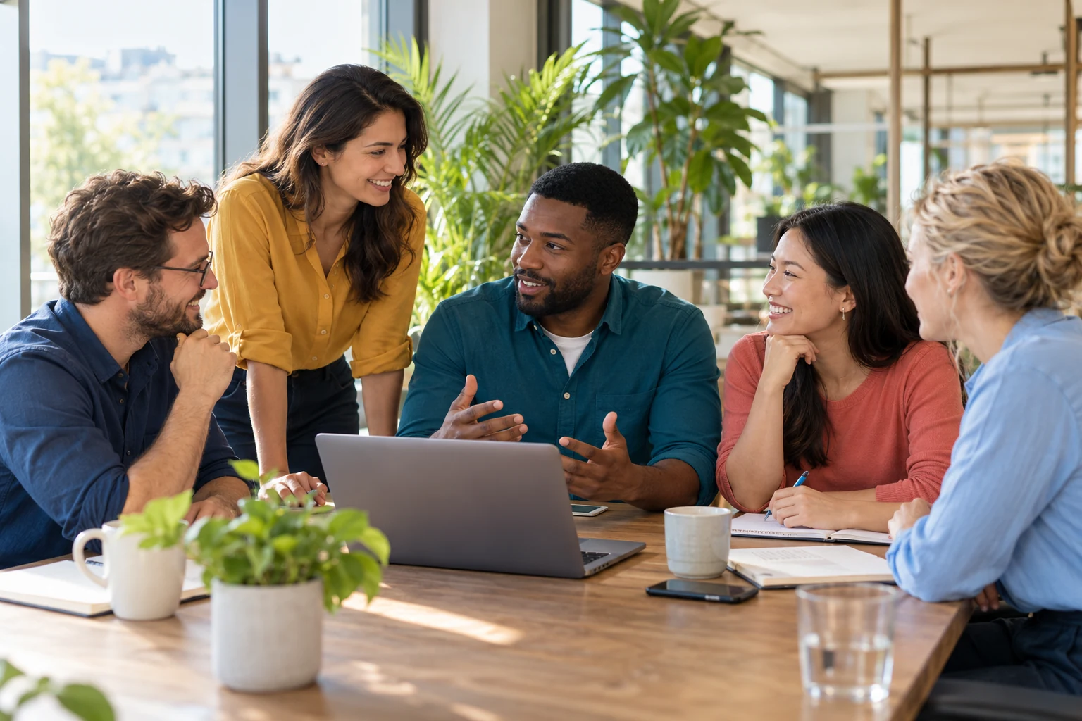 Business and technology professionals working together around a laptop
