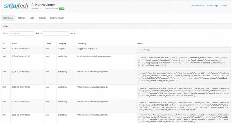 Operational logs — fictional domains and diagnostic examples