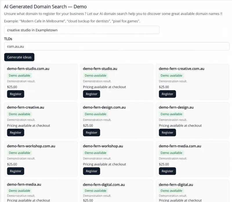 Client area — fictional domain results in cards