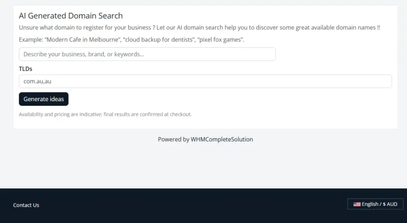 Client area — keyword input and selected TLDs