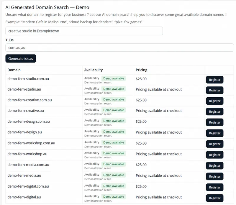 Client area — fictional domain results in a list