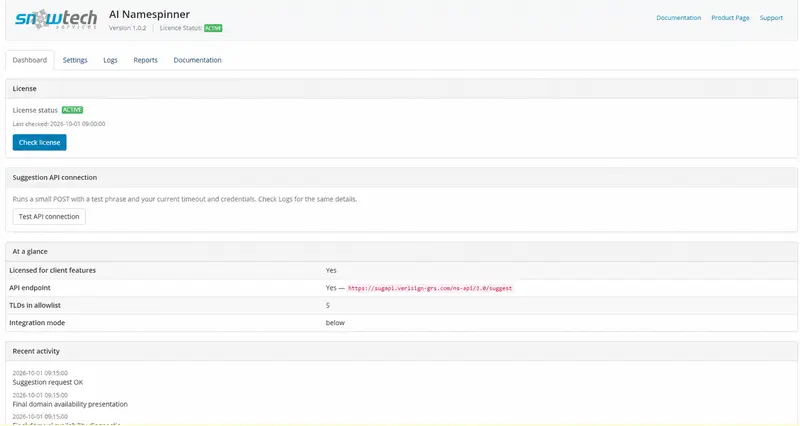 Dashboard — licence, API testing and demonstration activity
