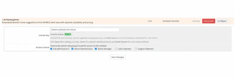 Addon configuration — fictional licence and administrator roles