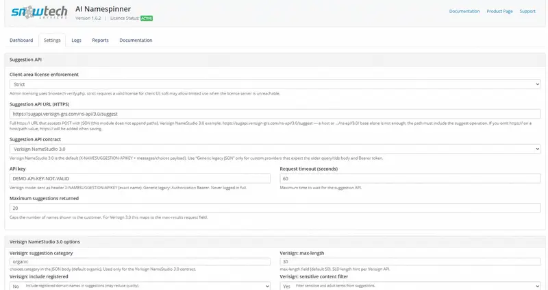 Settings 1 — fictional API key and suggestion options