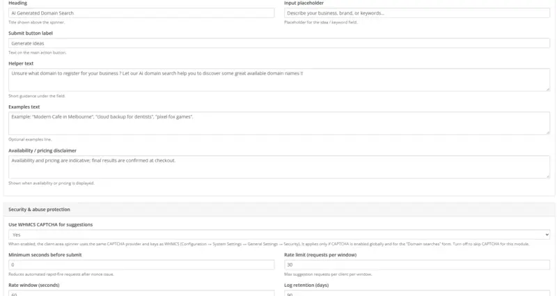 Settings 4 — customer-facing text and CAPTCHA options