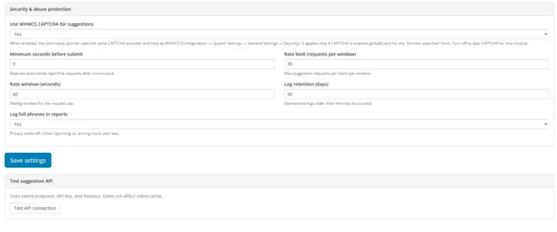 Settings 5 — request limits, log retention and API test