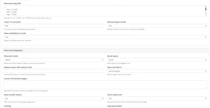 Settings 3 — pricing, cache and client-area layout