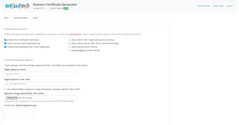 Settings 1 — client downloads, admin reissues and signature controls