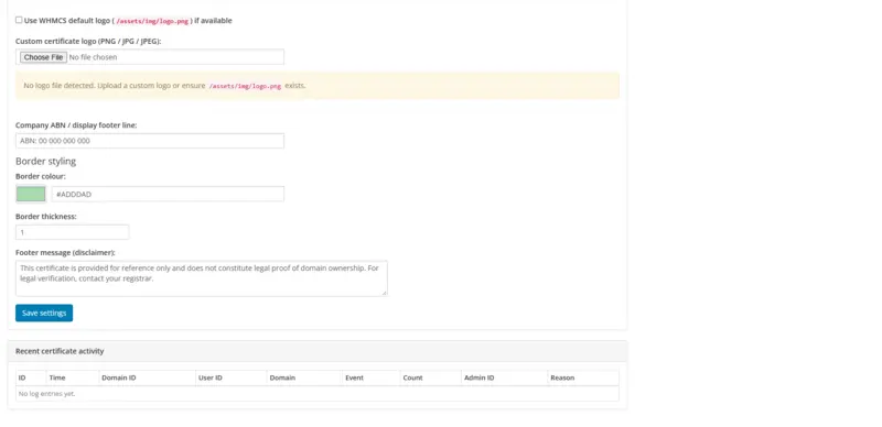 Settings 2 — logo, border, disclaimer and recent activity