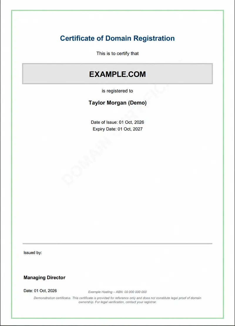 Certificate output — fictional registrant and domain