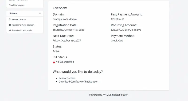 Client domain overview — fictional domain and download link
