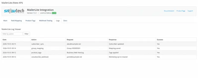 Module logs — fictional demonstration entries