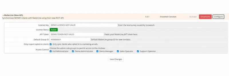 Configuration — fictional licence, API token and group ID