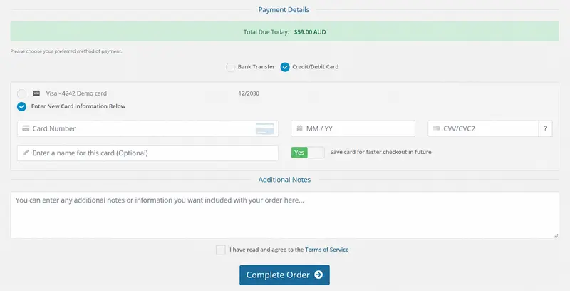 Payment details — generic saved-card example and blank entry fields