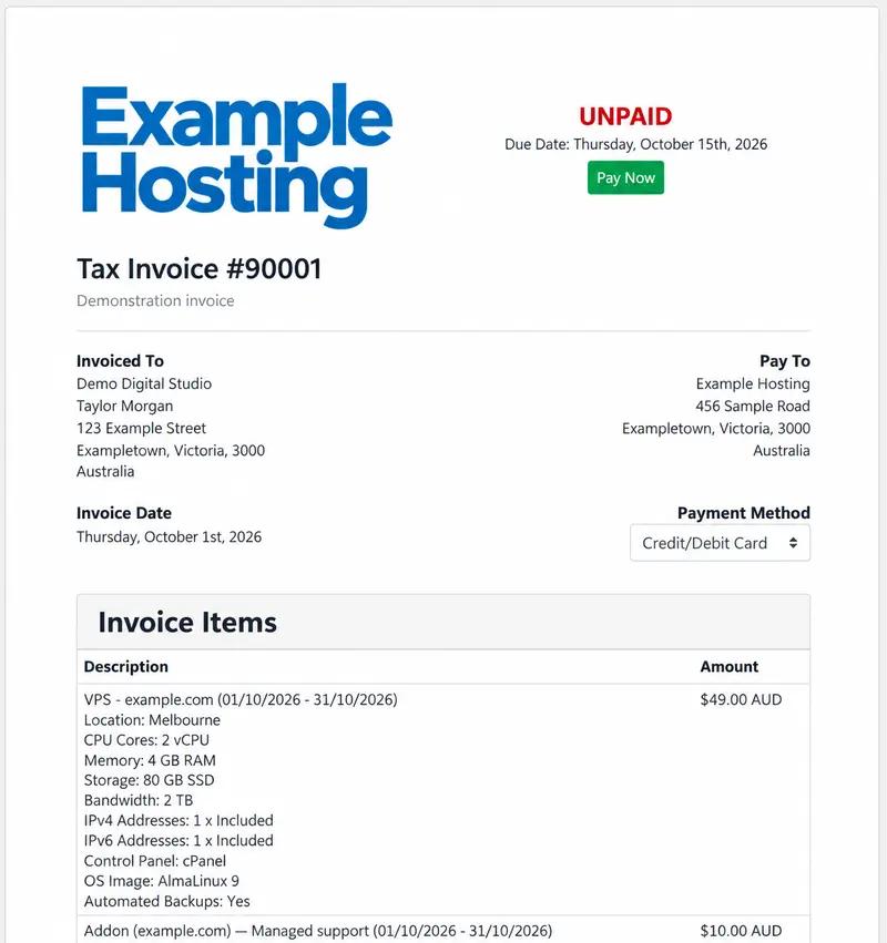 Invoice example — fictional company, client and service details