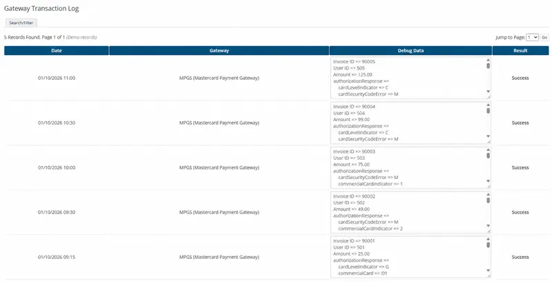 Gateway transaction log — fictional invoice and user references