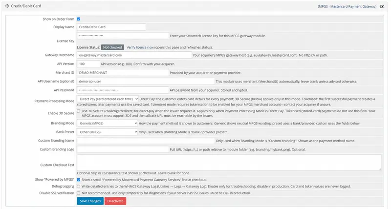 Gateway configuration — fictional merchant credentials