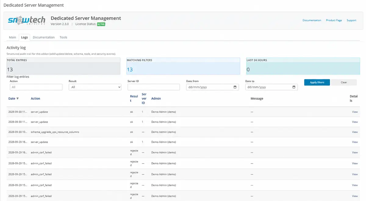 Activity log — filters, results and demonstration administrator