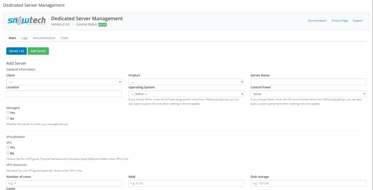 Add Server — general information and VPS options