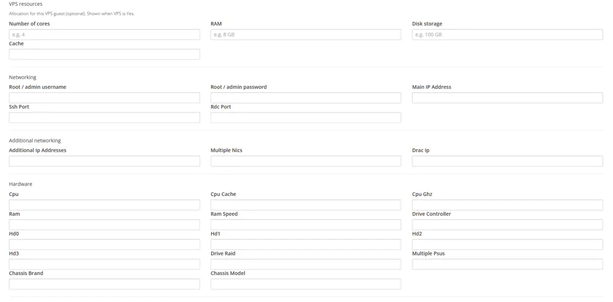 Add Server — networking and hardware fields