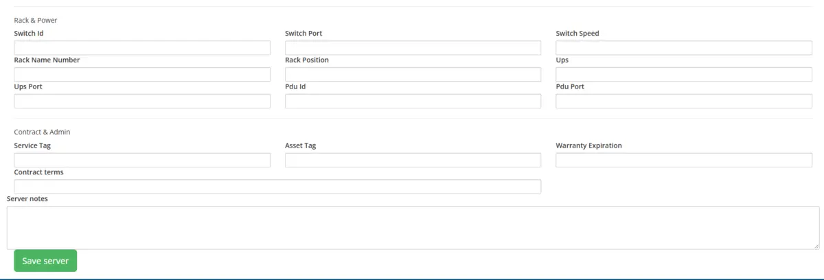 Add Server — rack, power, warranty and notes