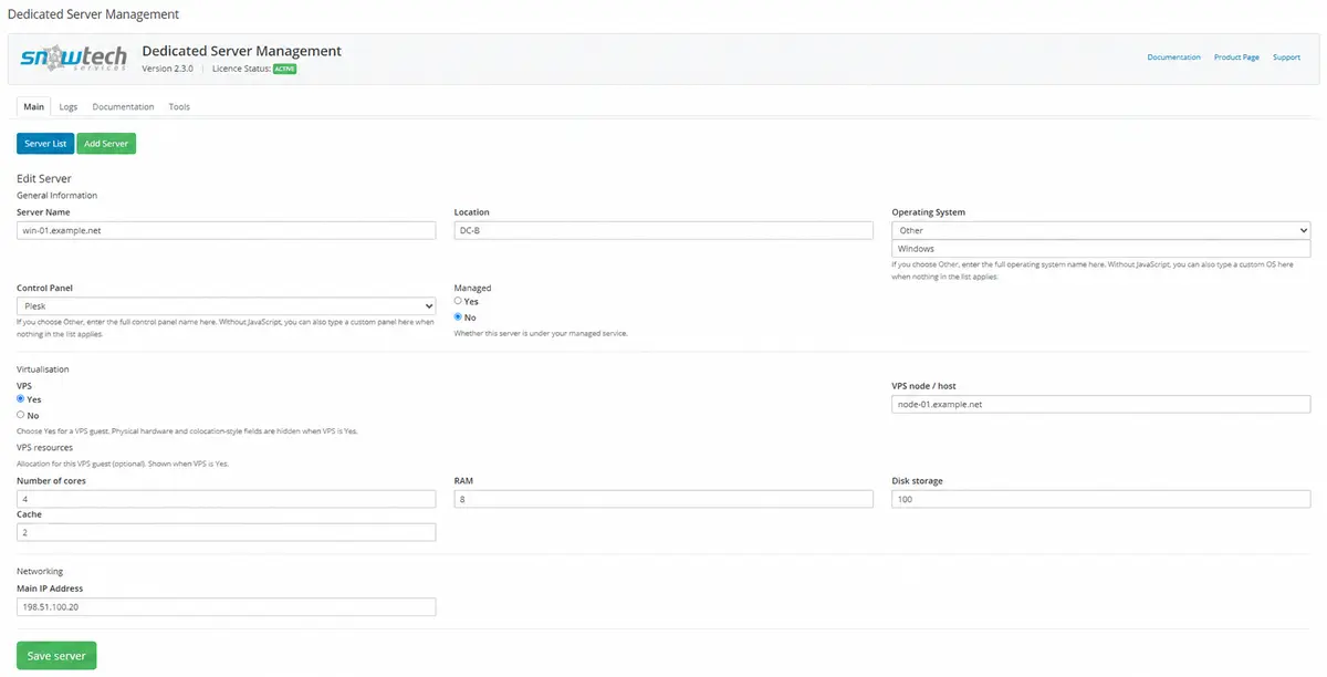 Edit Server — fictional VPS and host association