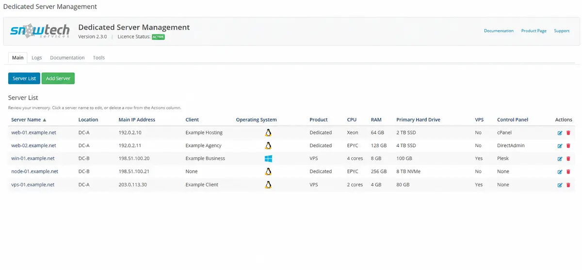 Server inventory — fictional demonstration records