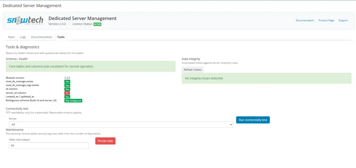 Tools — schema health, integrity, TCP tests and log maintenance
