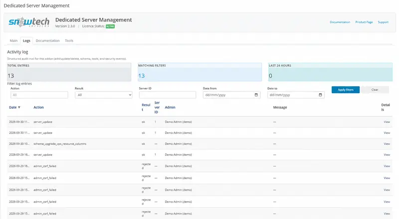Activity log — filters, results and demonstration administrator