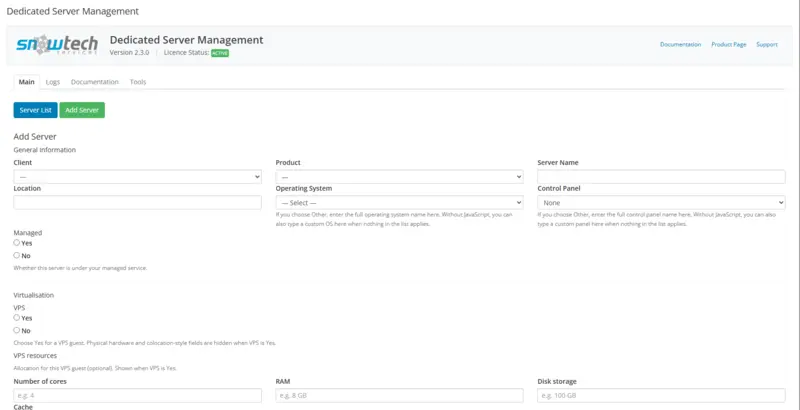 Add Server — general information and VPS options