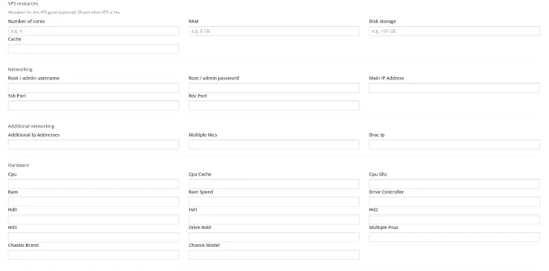 Add Server — networking and hardware fields
