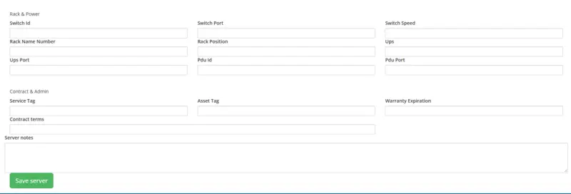 Add Server — rack, power, warranty and notes