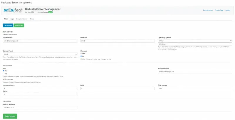 Edit Server — fictional VPS and host association