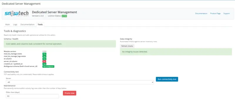 Tools — schema health, integrity, TCP tests and log maintenance