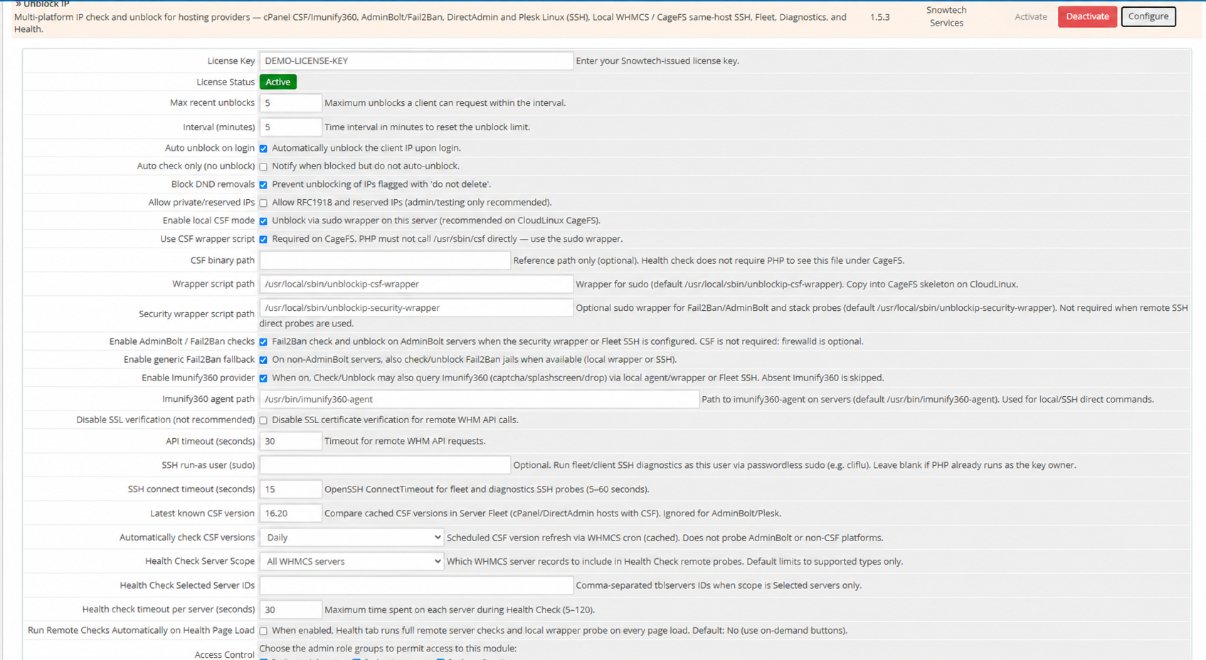 Module configuration — demo licence