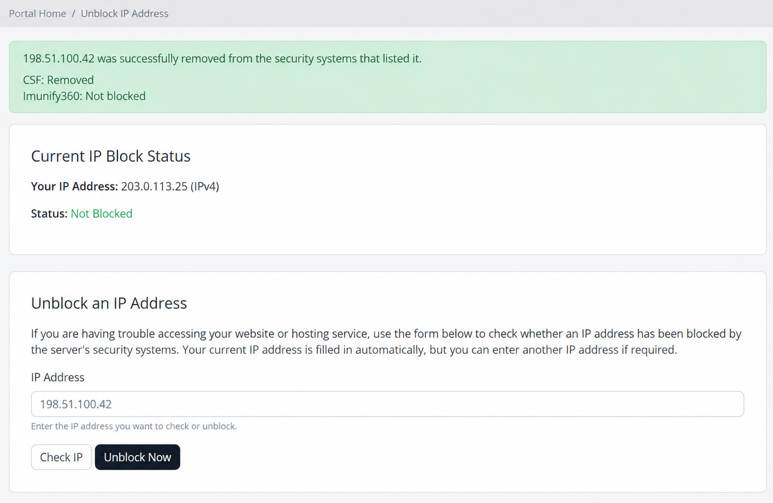 Client area — successful unblock